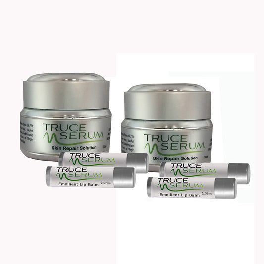 2 Truce Serum Skin Repair Solution 30ml jars and 4 Truce Serum Emollient Lip Balms .15 oz