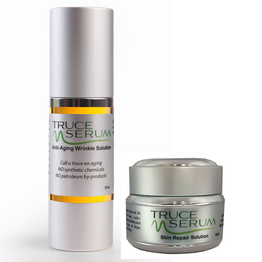 Truce Serum Anti-Aging Solution 30ml Pump Bottle and Truce Serum Skin Repair Solution 30ml Jar